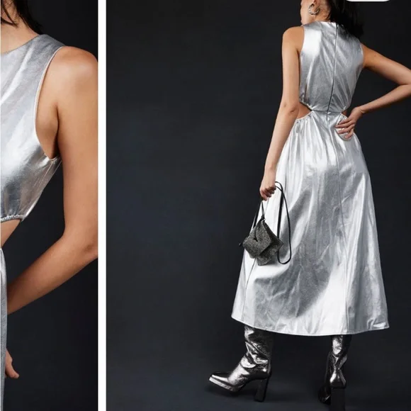 JULES KAE BOLD SHINY SILVER MIDI DRESS W/O-RING FRONT DETAIL AND SIDE CUTOUTS S - Picture 2 of 9